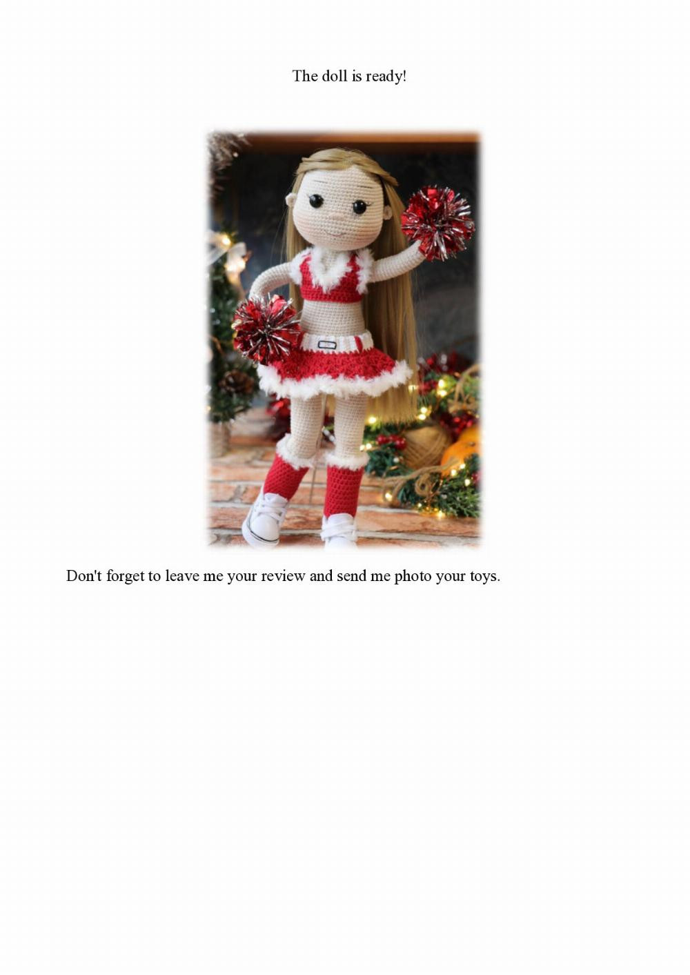 Crochet pattern for a cheerleader doll with long hair wearing a short shirt and skirt