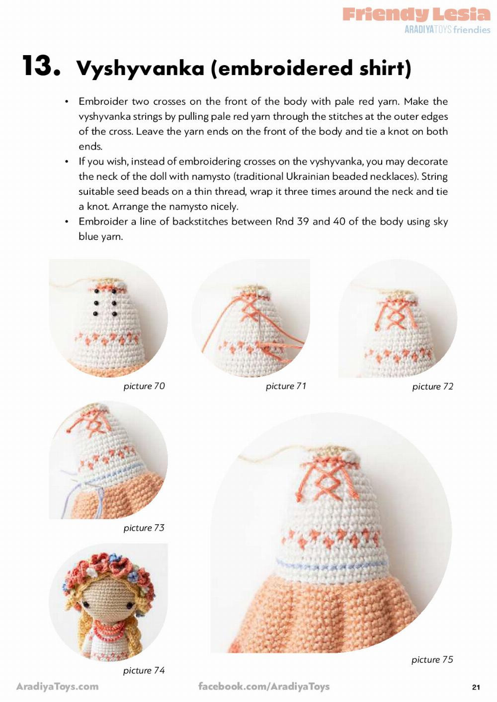 Crochet pattern for a doll wearing a wreath and dress, Friendy Lesia