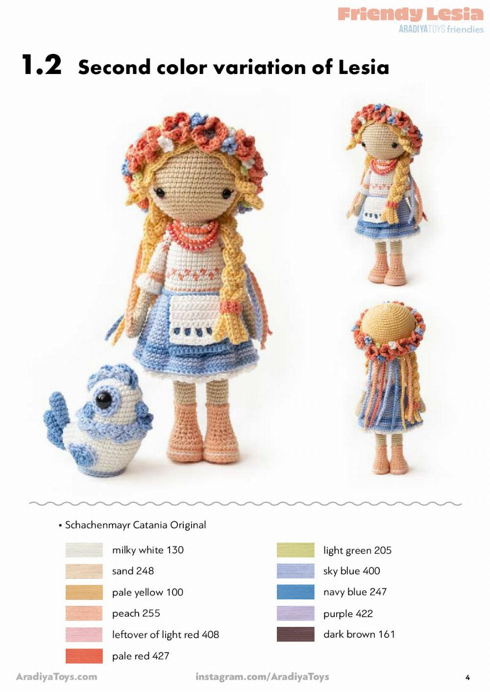 Crochet pattern for a doll wearing a wreath and dress, Friendy Lesia