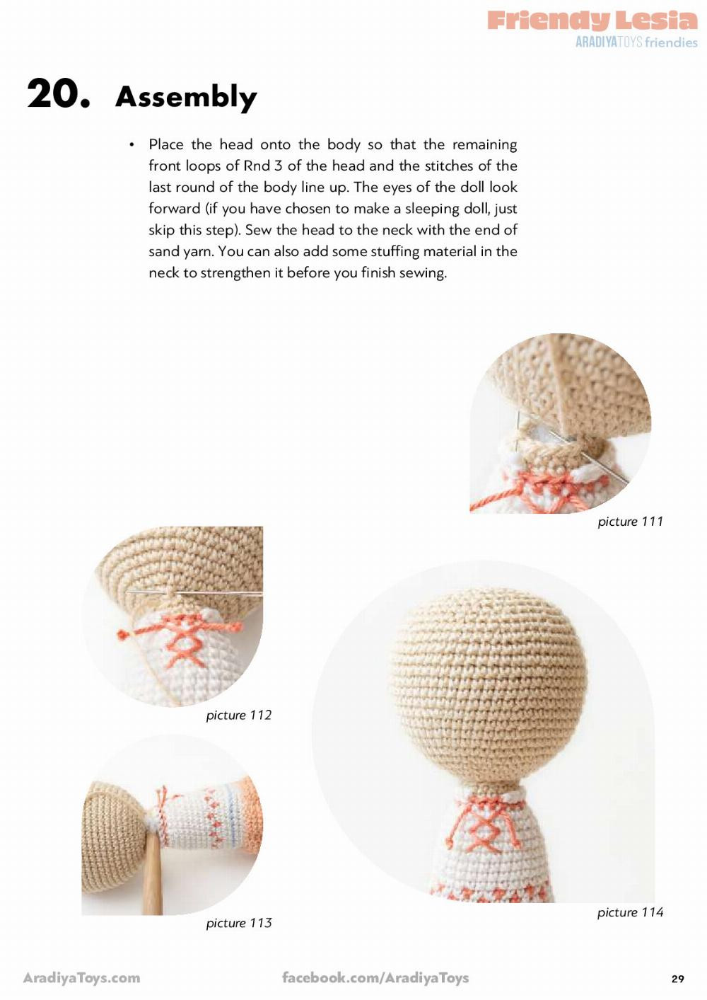 Crochet pattern for a doll wearing a wreath and dress, Friendy Lesia