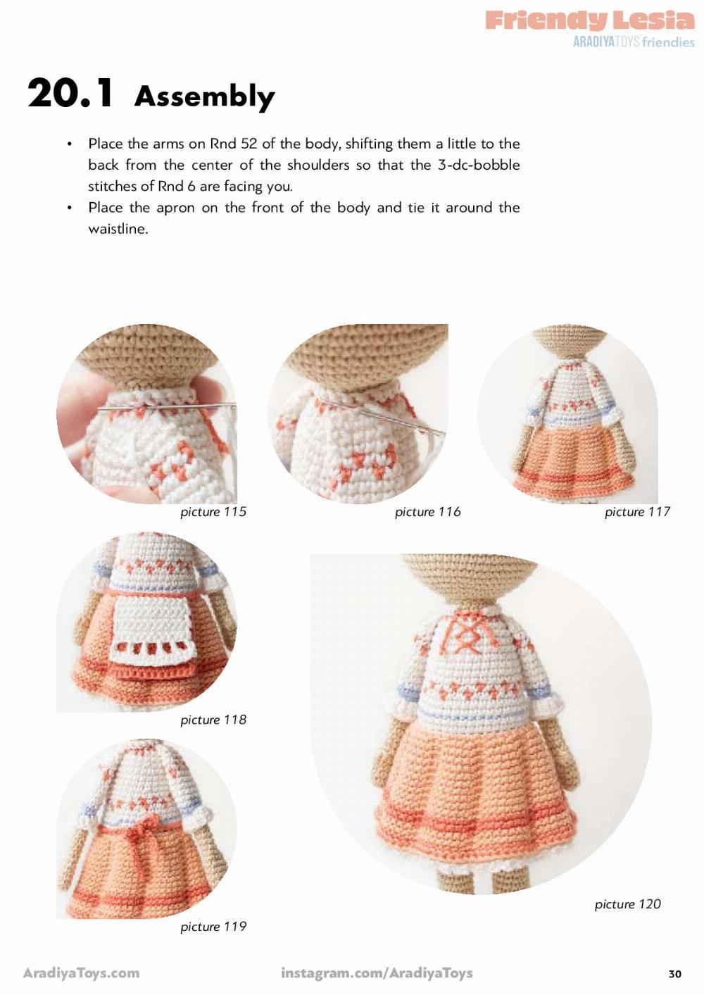 Crochet pattern for a doll wearing a wreath and dress, Friendy Lesia