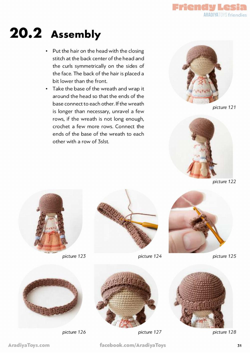 Crochet pattern for a doll wearing a wreath and dress, Friendy Lesia