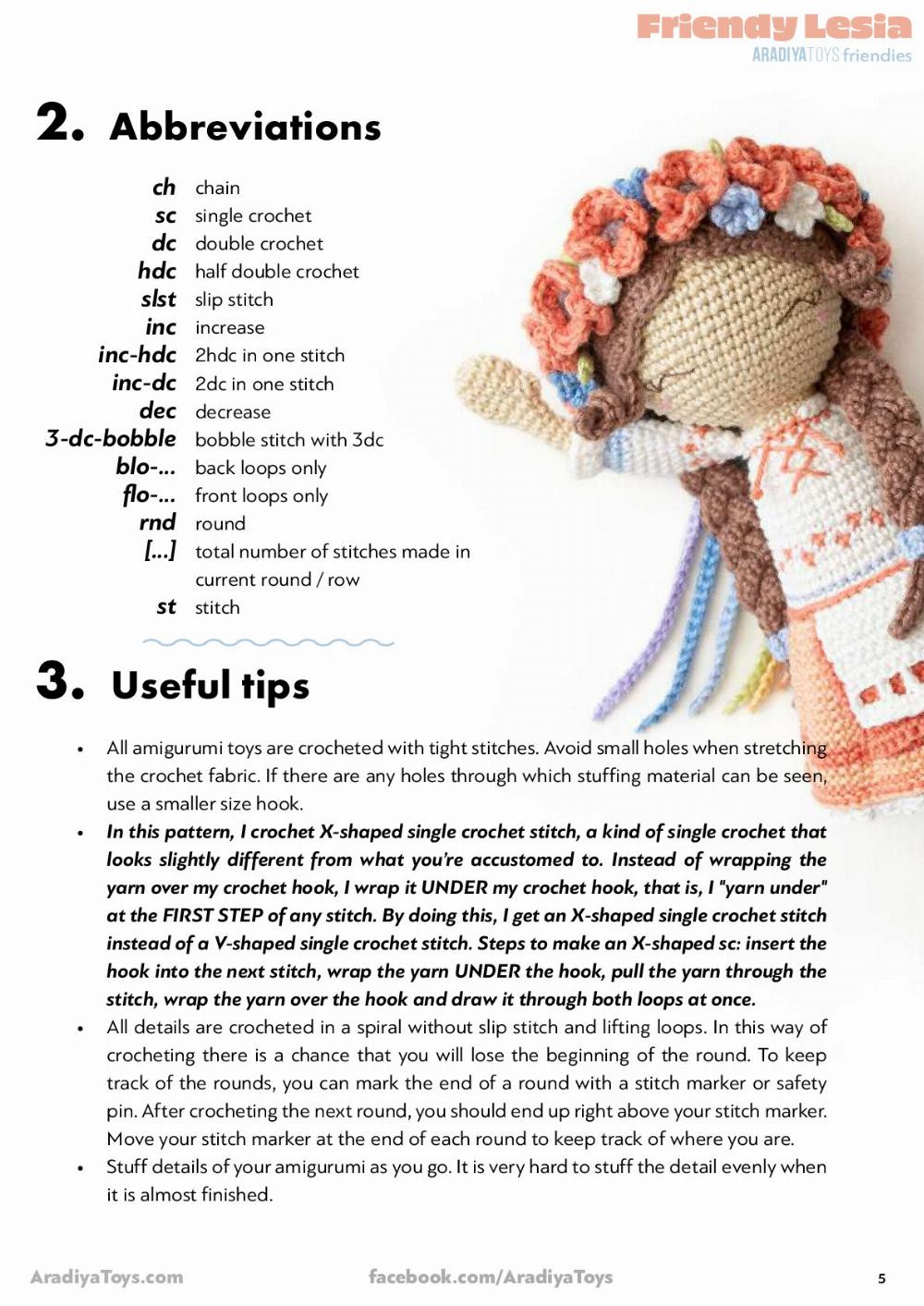 Crochet pattern for a doll wearing a wreath and dress, Friendy Lesia