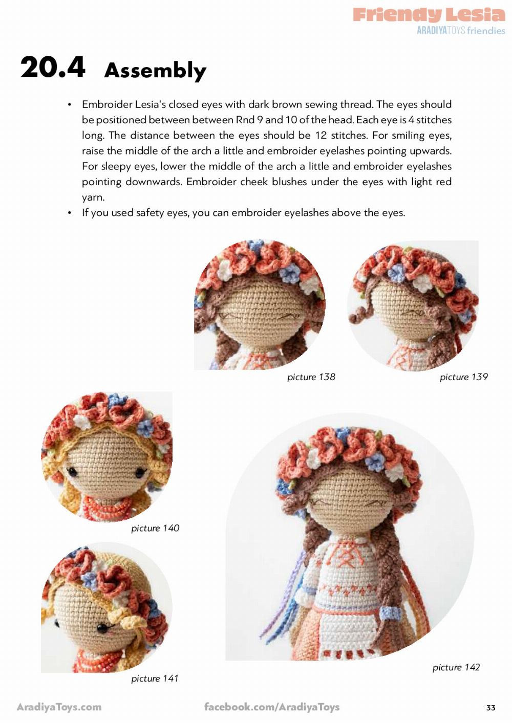 Crochet pattern for a doll wearing a wreath and dress, Friendy Lesia