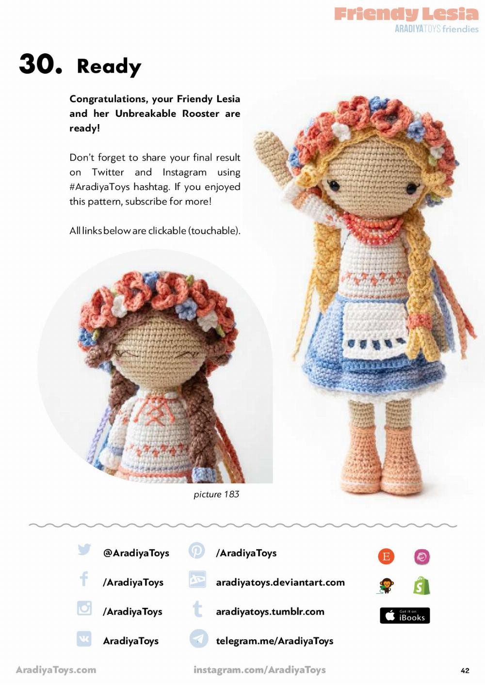 Crochet pattern for a doll wearing a wreath and dress, Friendy Lesia