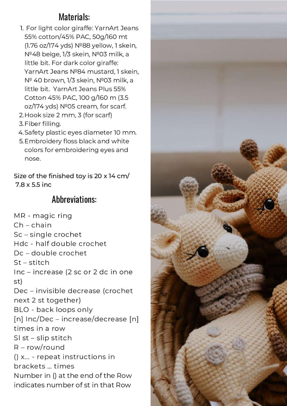 Crochet pattern for a giraffe wearing a scarf