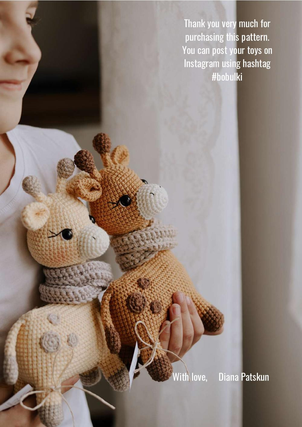 Crochet pattern for a giraffe wearing a scarf