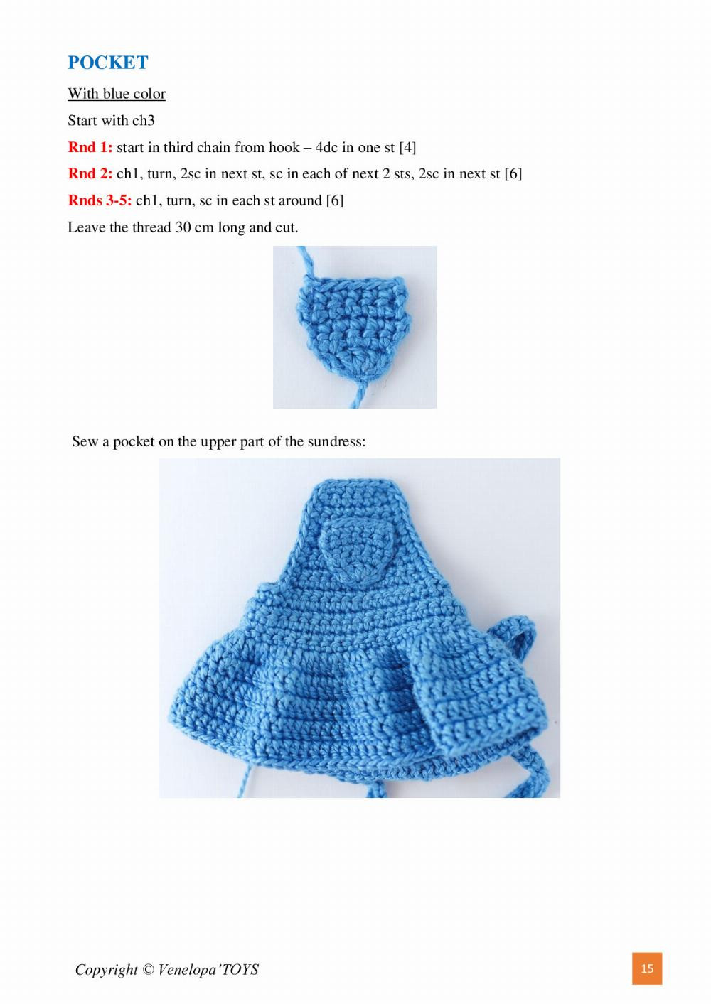 Crochet pattern for a girl doll wearing a flared overalls, a cap, and braided hair