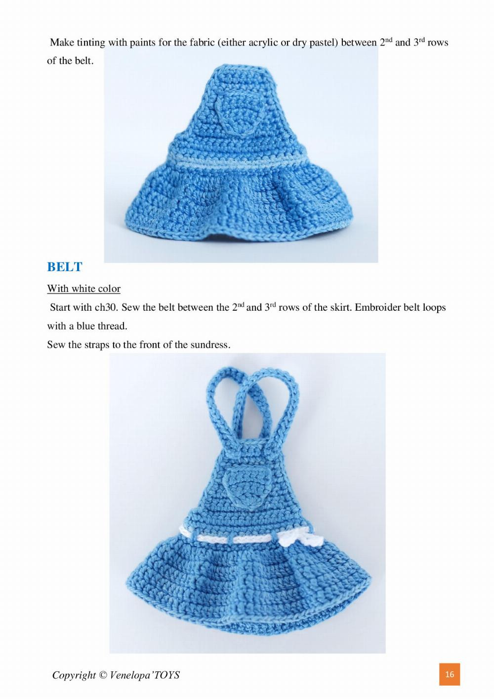 Crochet pattern for a girl doll wearing a flared overalls, a cap, and braided hair