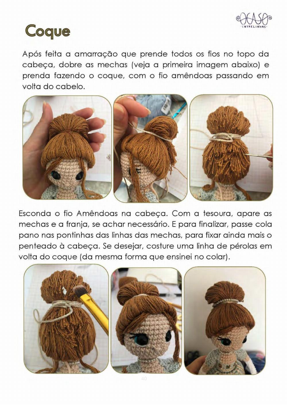 Crochet pattern for a girl doll wearing a gray dress and chestnut hair