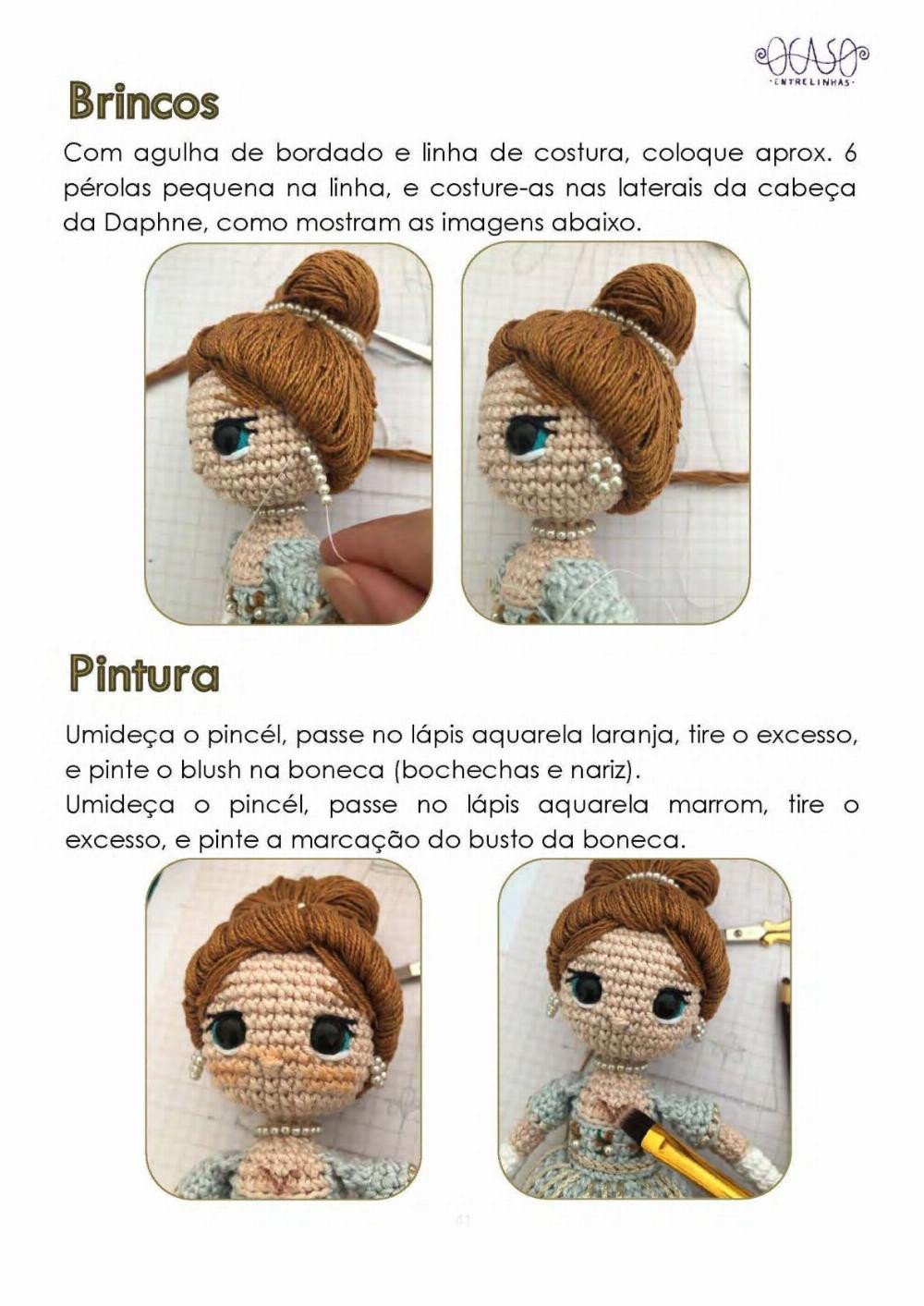 Crochet pattern for a girl doll wearing a gray dress and chestnut hair