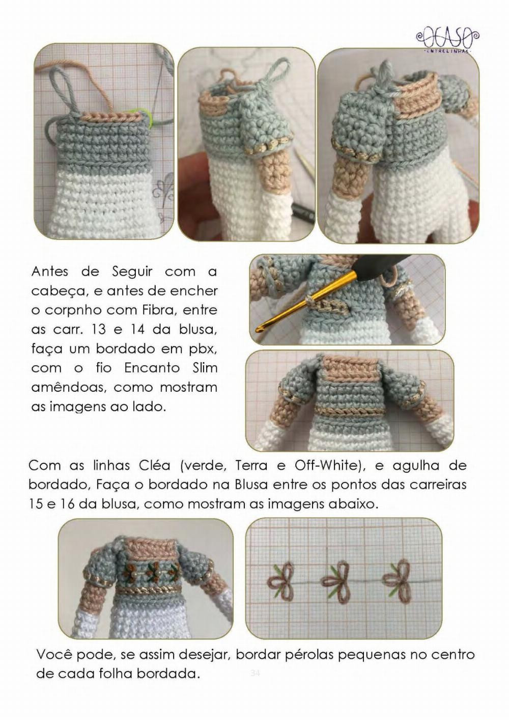 Crochet pattern for a girl doll wearing a gray dress and chestnut hair