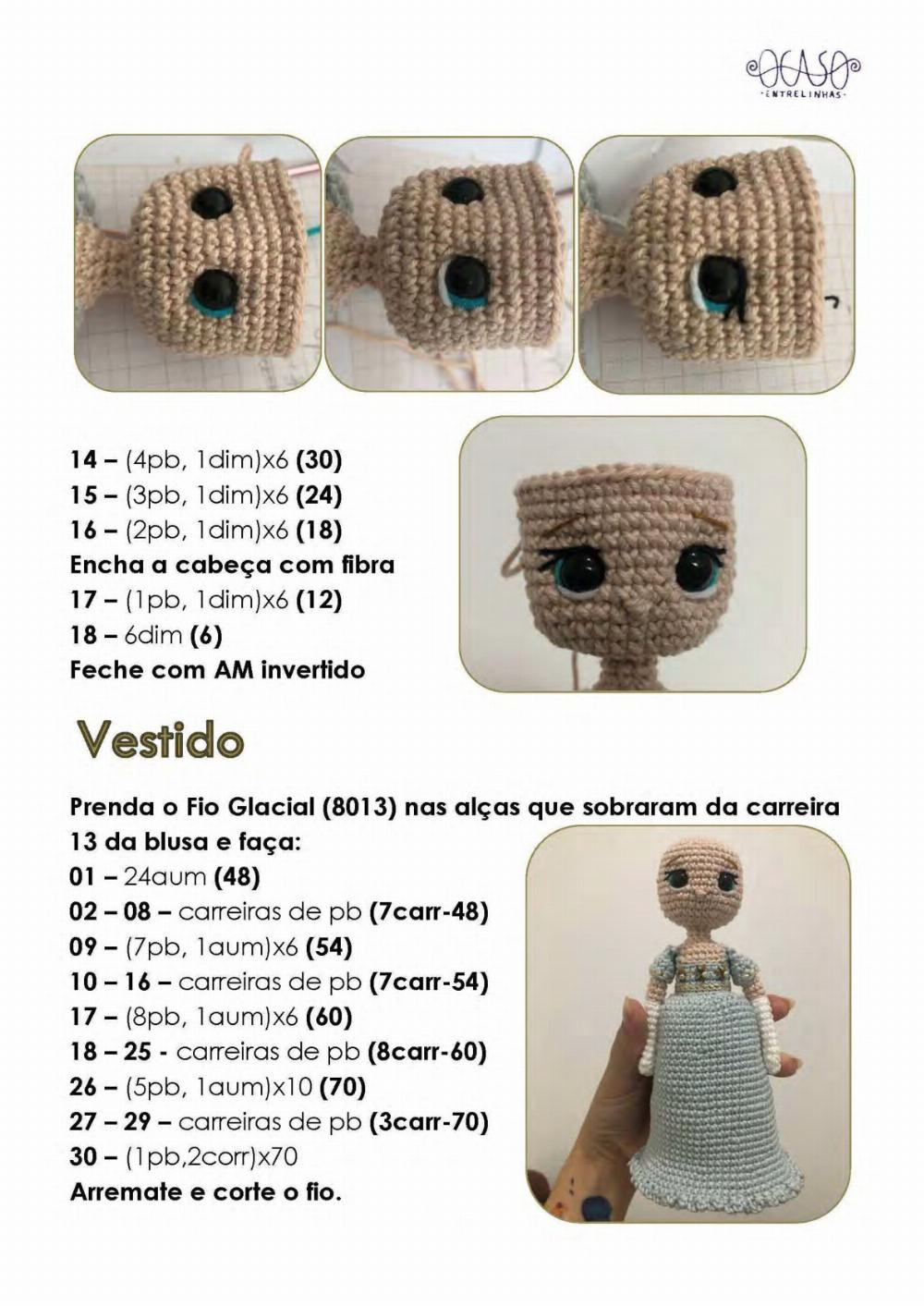 Crochet pattern for a girl doll wearing a gray dress and chestnut hair