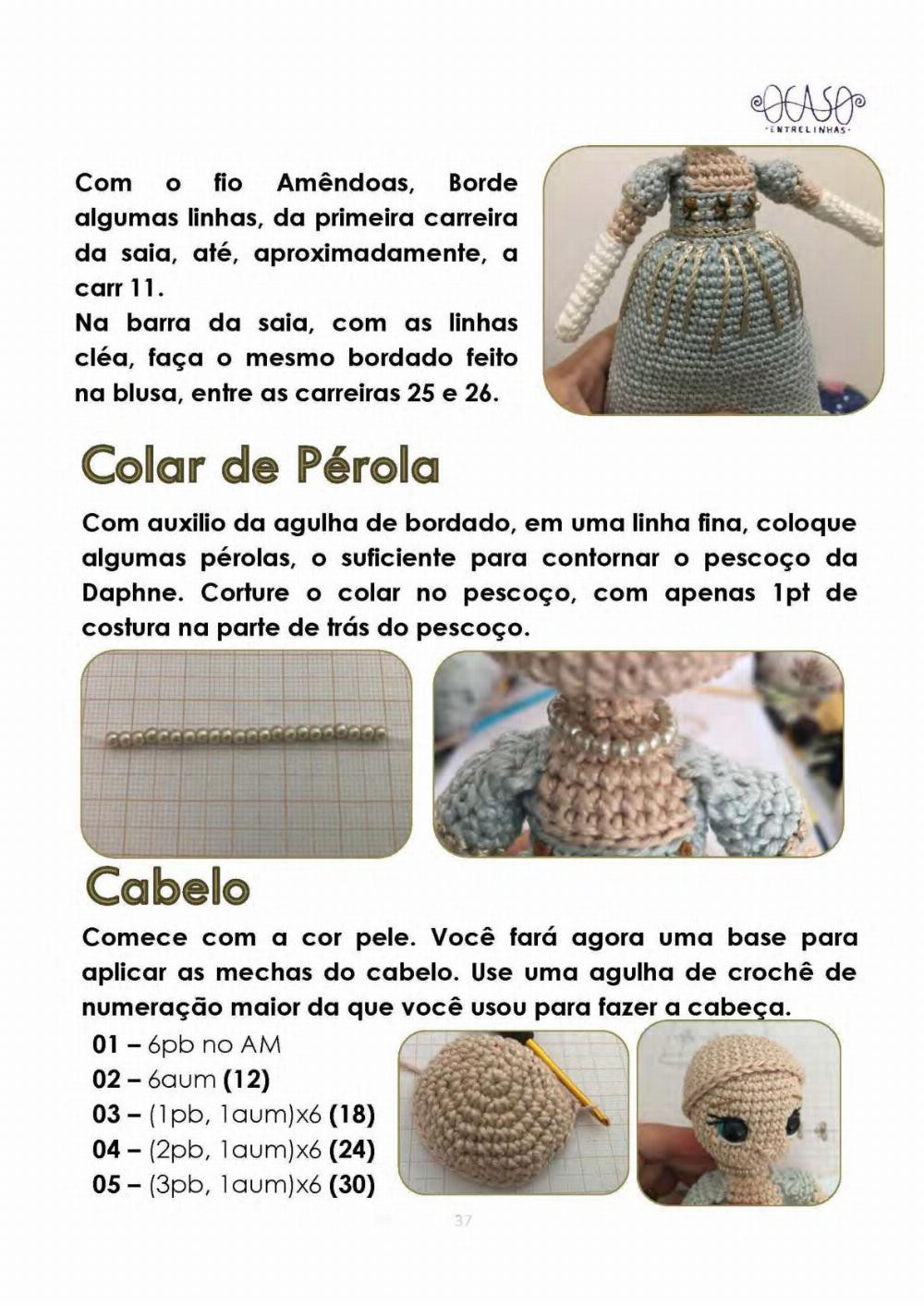 Crochet pattern for a girl doll wearing a gray dress and chestnut hair