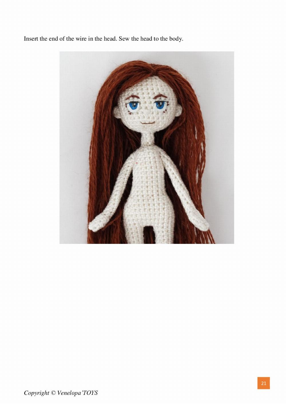 Crochet pattern for a girl doll wearing a rainbow dress