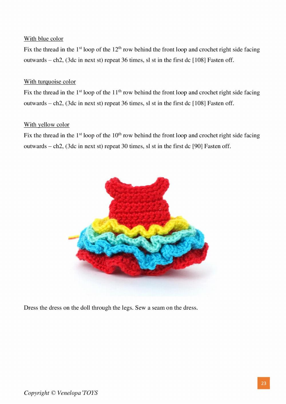 Crochet pattern for a girl doll wearing a rainbow dress