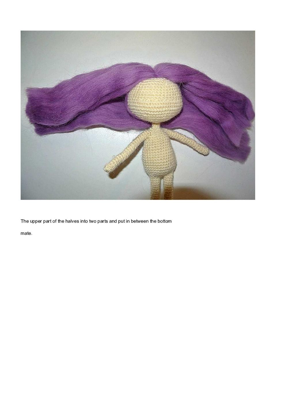 Crochet pattern for a purple-haired little girl doll wearing a flowered dress