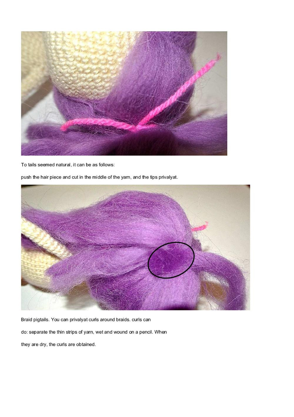 Crochet pattern for a purple-haired little girl doll wearing a flowered dress