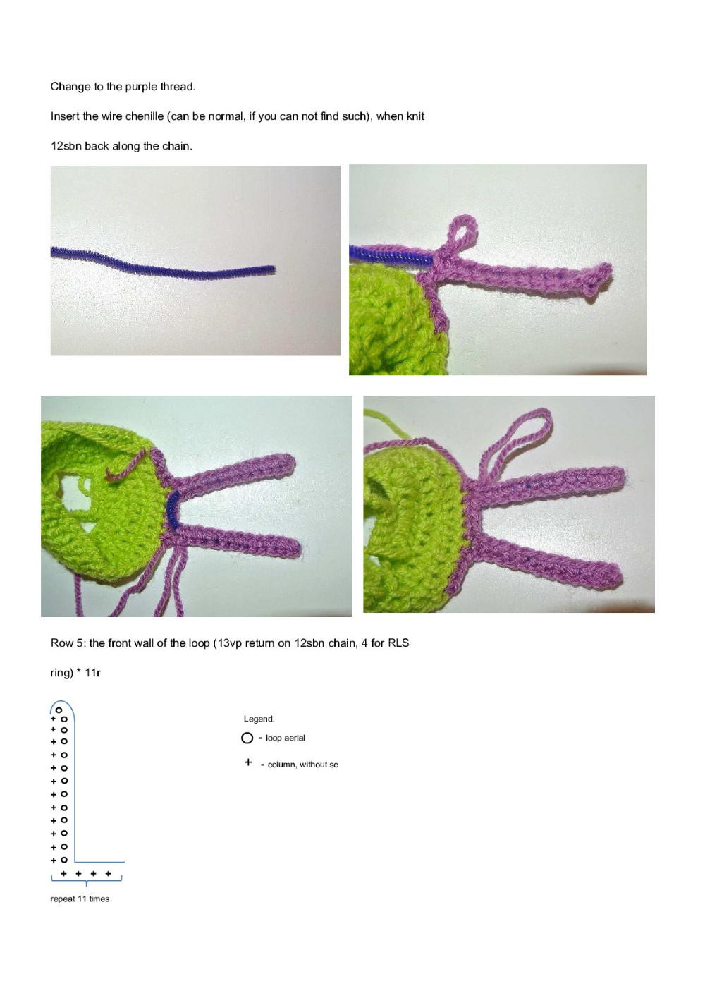 Crochet pattern for a purple-haired little girl doll wearing a flowered dress