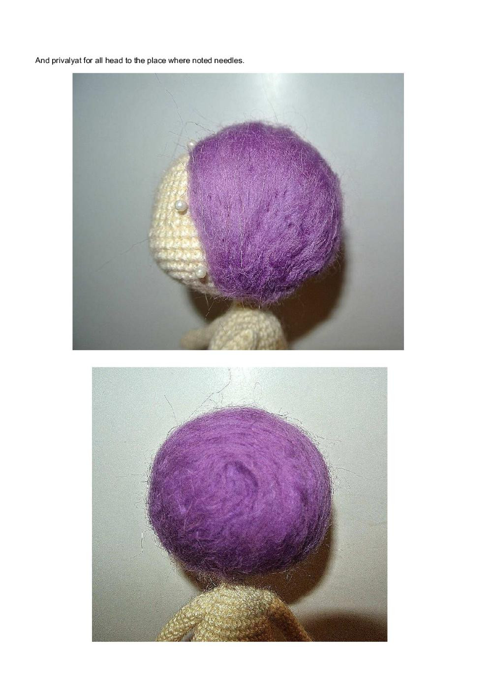 Crochet pattern for a purple-haired little girl doll wearing a flowered dress