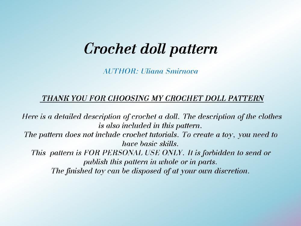 Crochet pattern for a white-haired little girl doll wearing a black dress and pink shoes