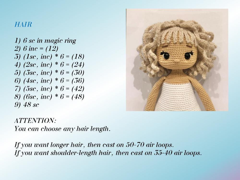 Crochet pattern for a white-haired little girl doll wearing a black dress and pink shoes