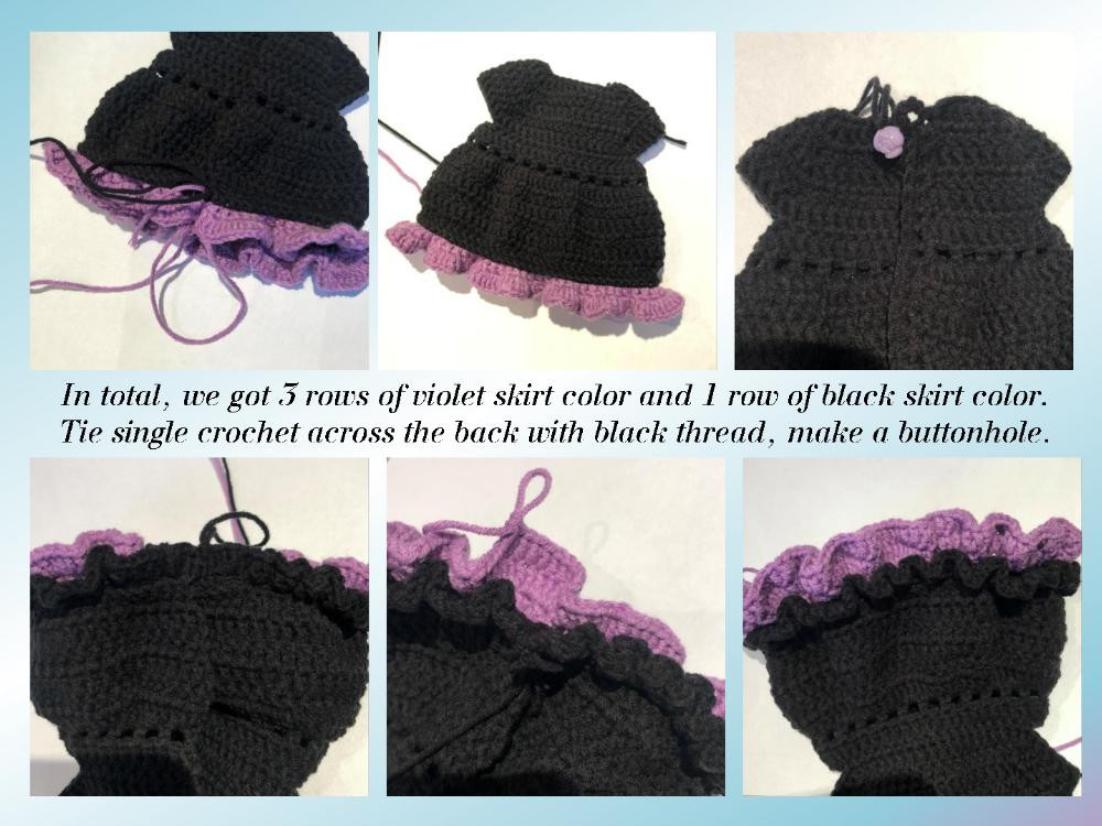 Crochet pattern for a white-haired little girl doll wearing a black dress and pink shoes