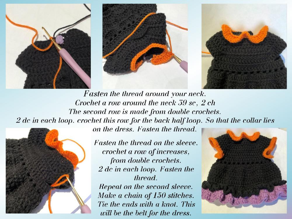 Crochet pattern for a white-haired little girl doll wearing a black dress and pink shoes