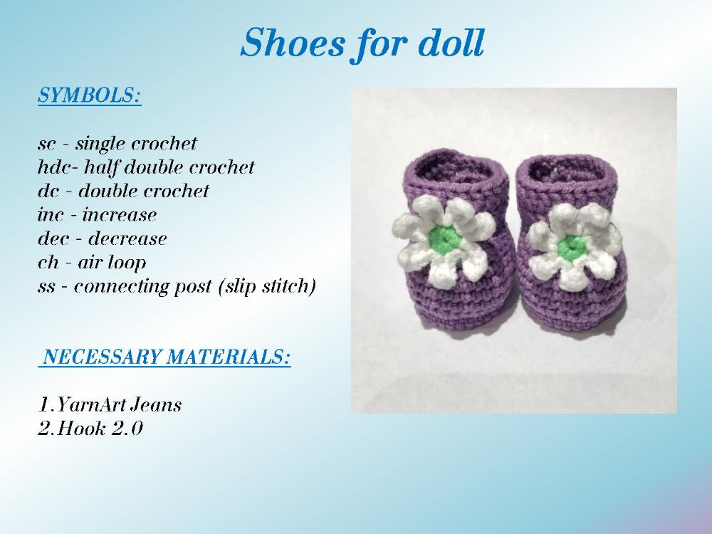 Crochet pattern for a white-haired little girl doll wearing a black dress and pink shoes