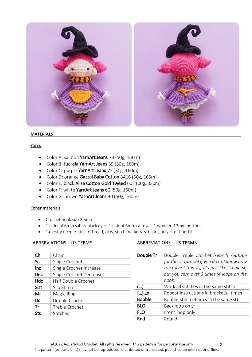 Crochet pattern for a witch doll wearing a witch's hat, broom, cat, pumpkin