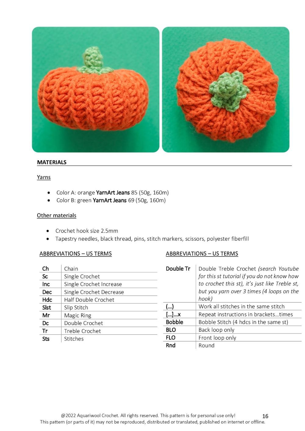 Crochet pattern for a witch doll wearing a witch's hat, broom, cat, pumpkin