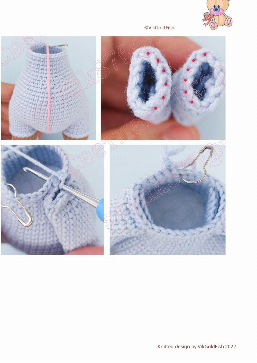 Crochet pattern for baby bear doll wearing pajamas.