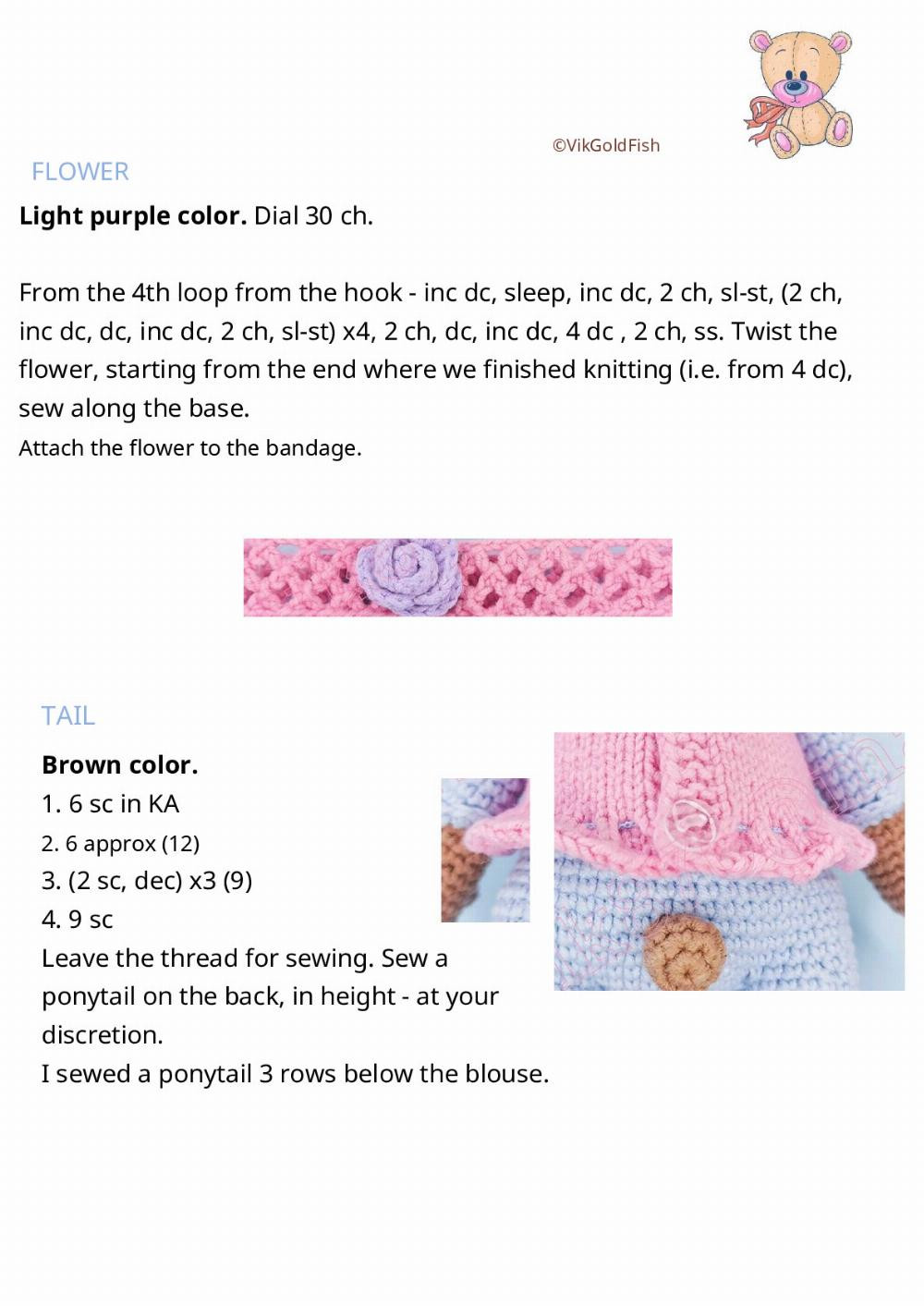 Crochet pattern for baby bear doll wearing pajamas.