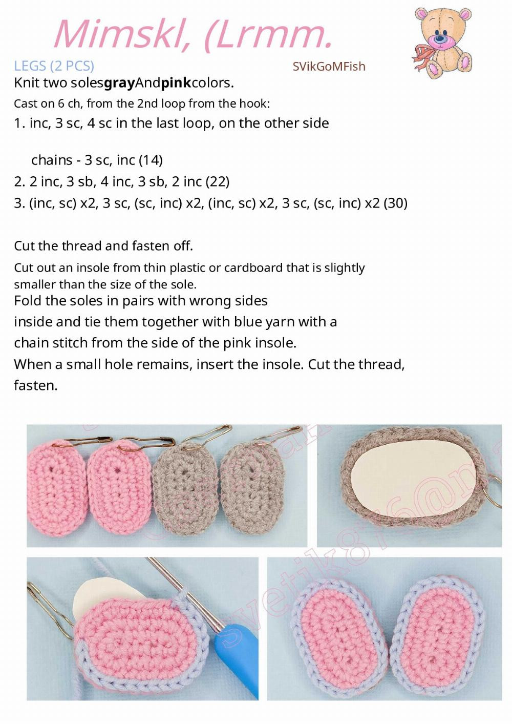 Crochet pattern for baby bear doll wearing pajamas.