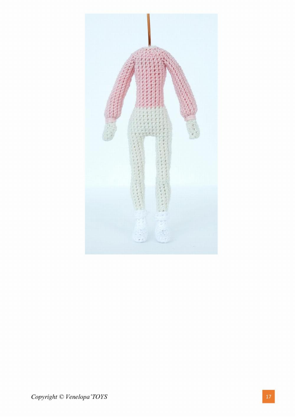 Crochet pattern for baby girl doll wearing overalls, long hair, and hairband.