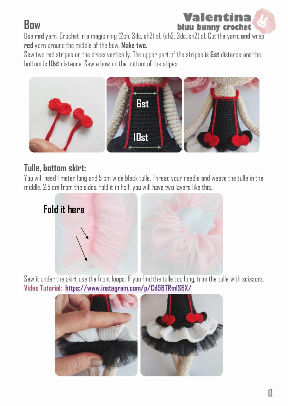 Crochet pattern for doll with pink hair, red bow, black winged skirt