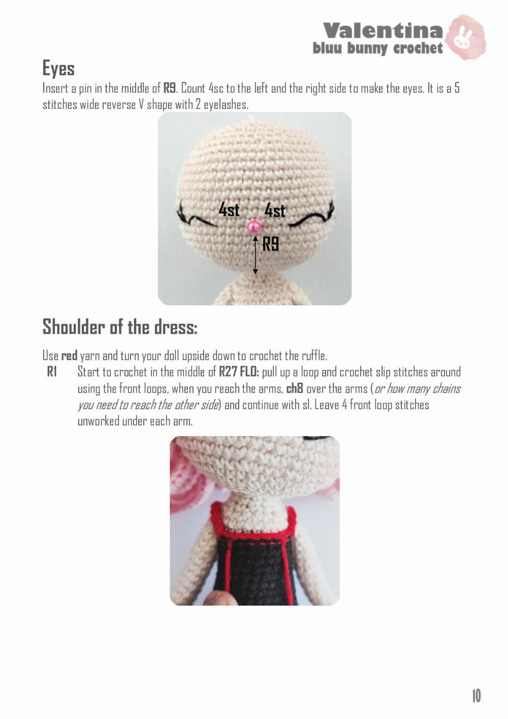 Crochet pattern for doll with pink hair, red bow, black winged skirt