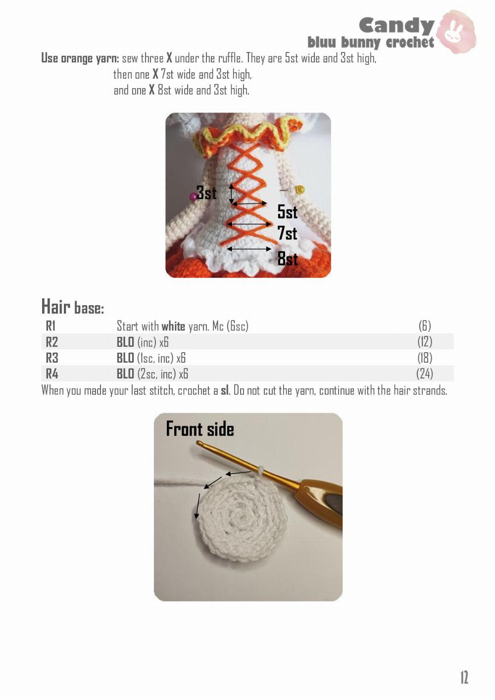 Crochet pattern for girls with white hair, yellow and orange dresses, and popcorn dolls