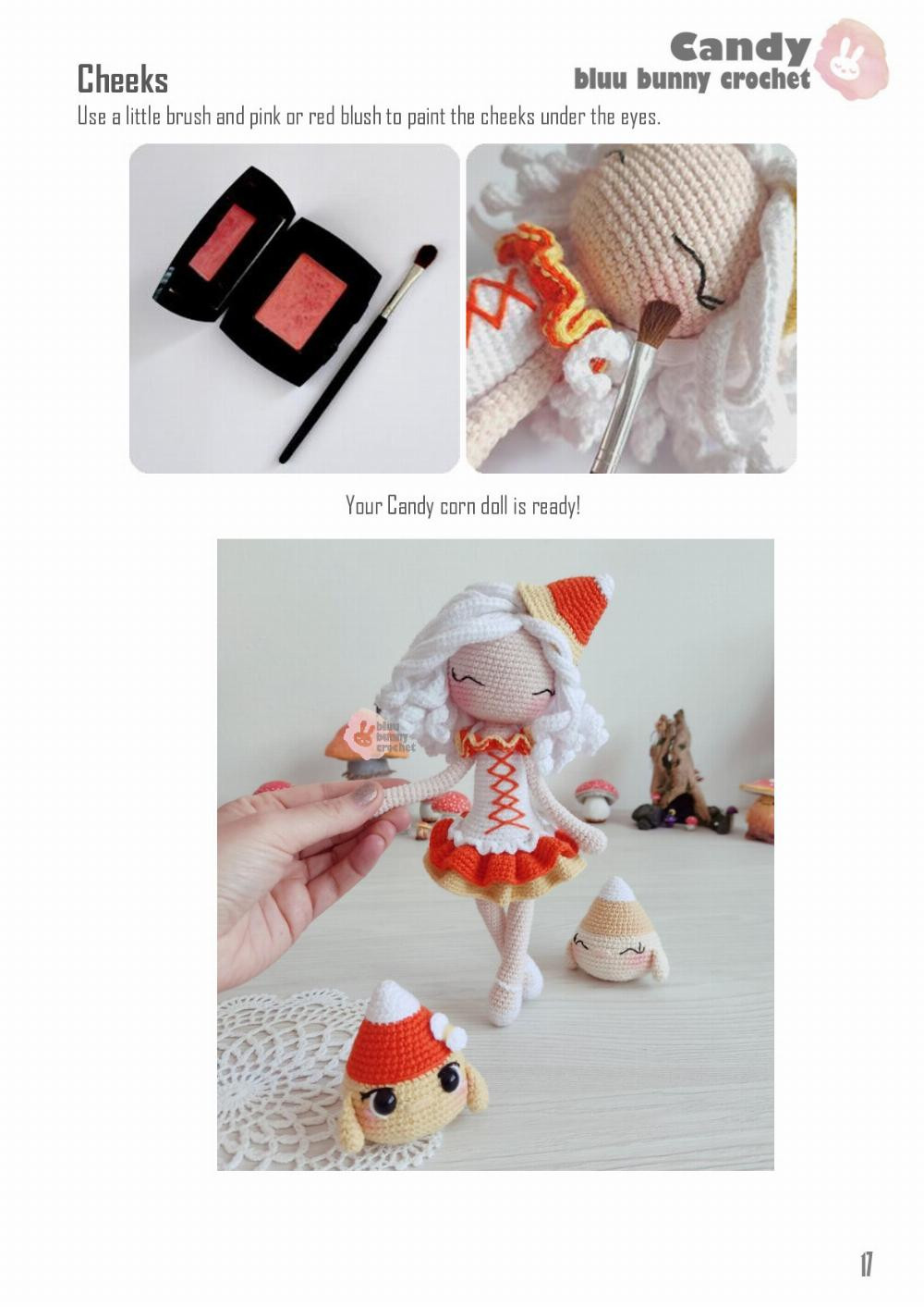 Crochet pattern for girls with white hair, yellow and orange dresses, and popcorn dolls