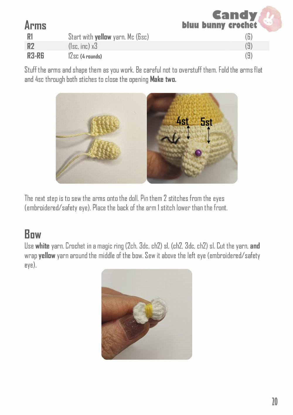 Crochet pattern for girls with white hair, yellow and orange dresses, and popcorn dolls