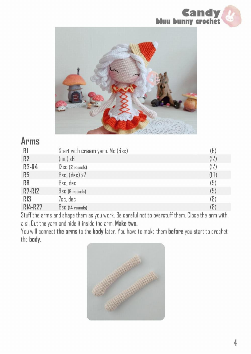 Crochet pattern for girls with white hair, yellow and orange dresses, and popcorn dolls