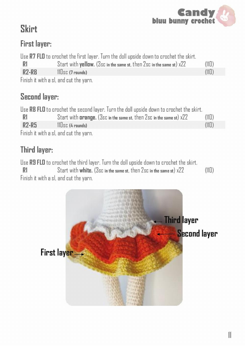 Crochet pattern for girls with white hair, yellow and orange dresses, and popcorn dolls