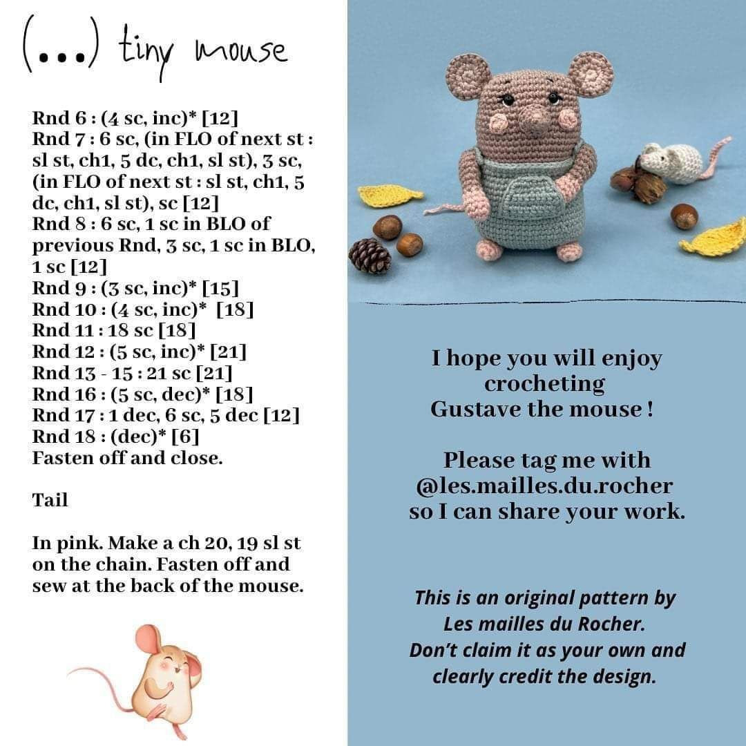 Crochet pattern for mice wearing overalls