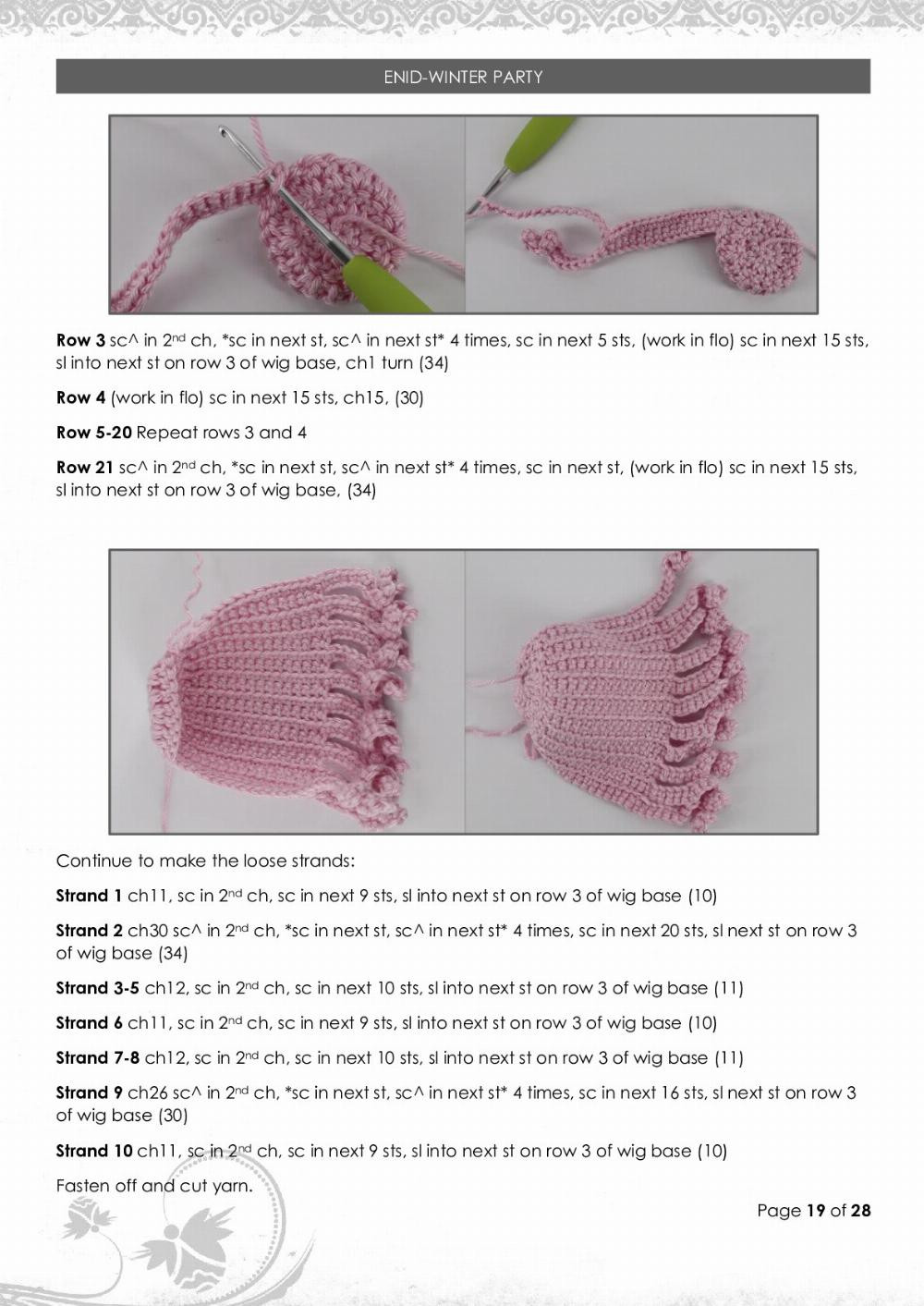 Crochet pattern for winter buds with pink hair and white dress