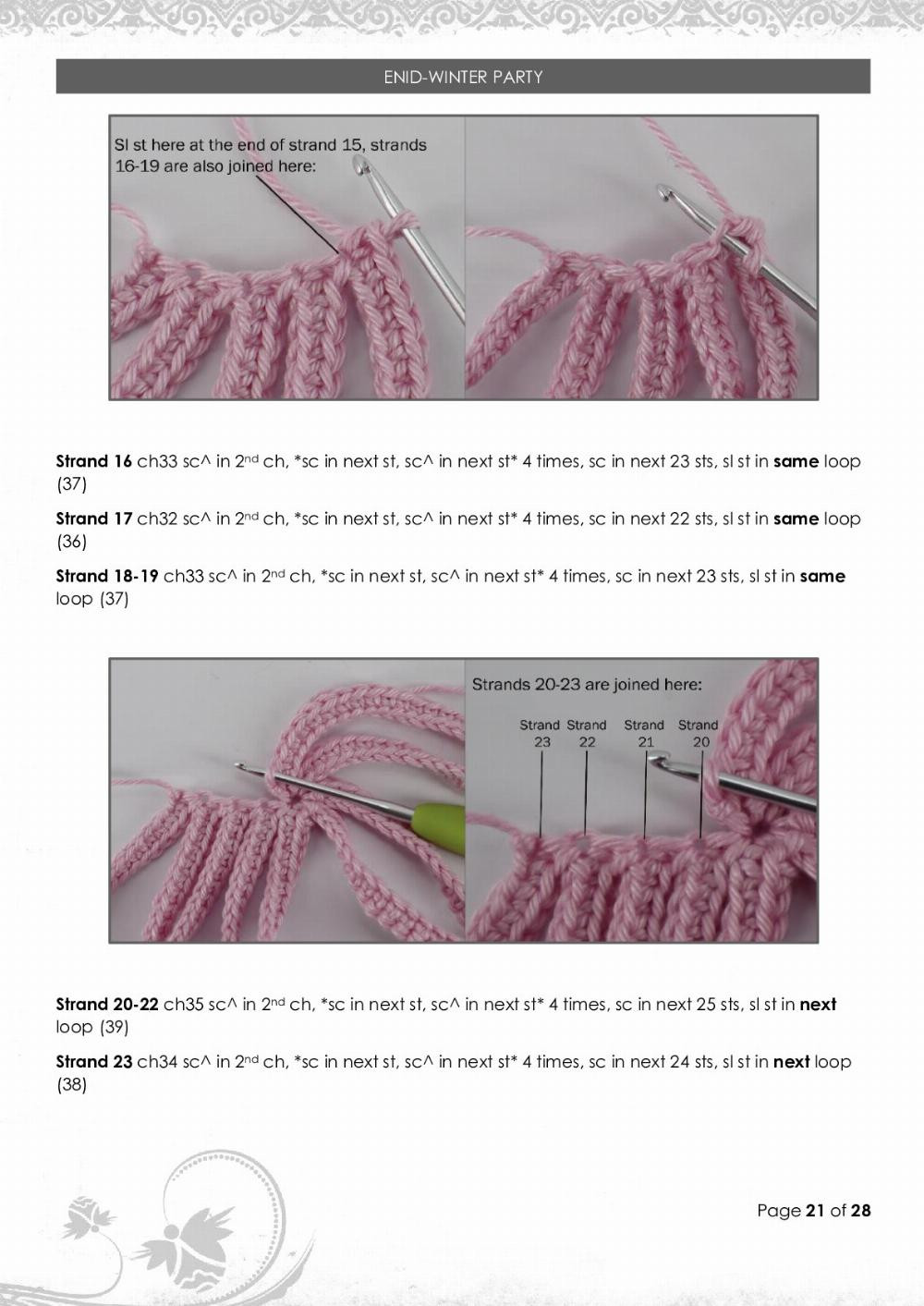 Crochet pattern for winter buds with pink hair and white dress