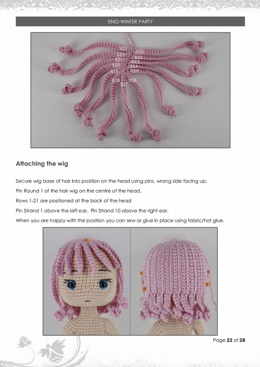 Crochet pattern for winter buds with pink hair and white dress