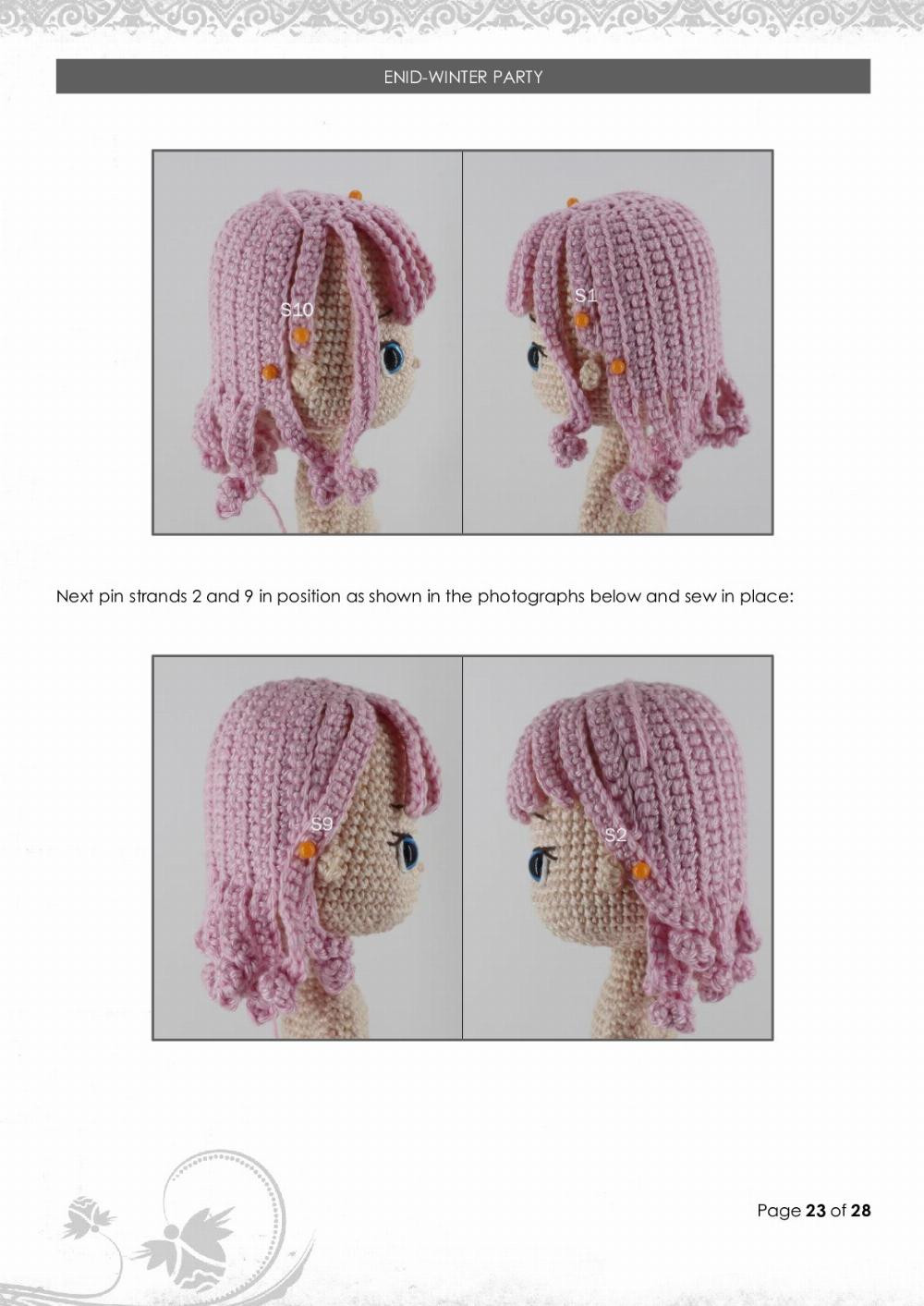 Crochet pattern for winter buds with pink hair and white dress