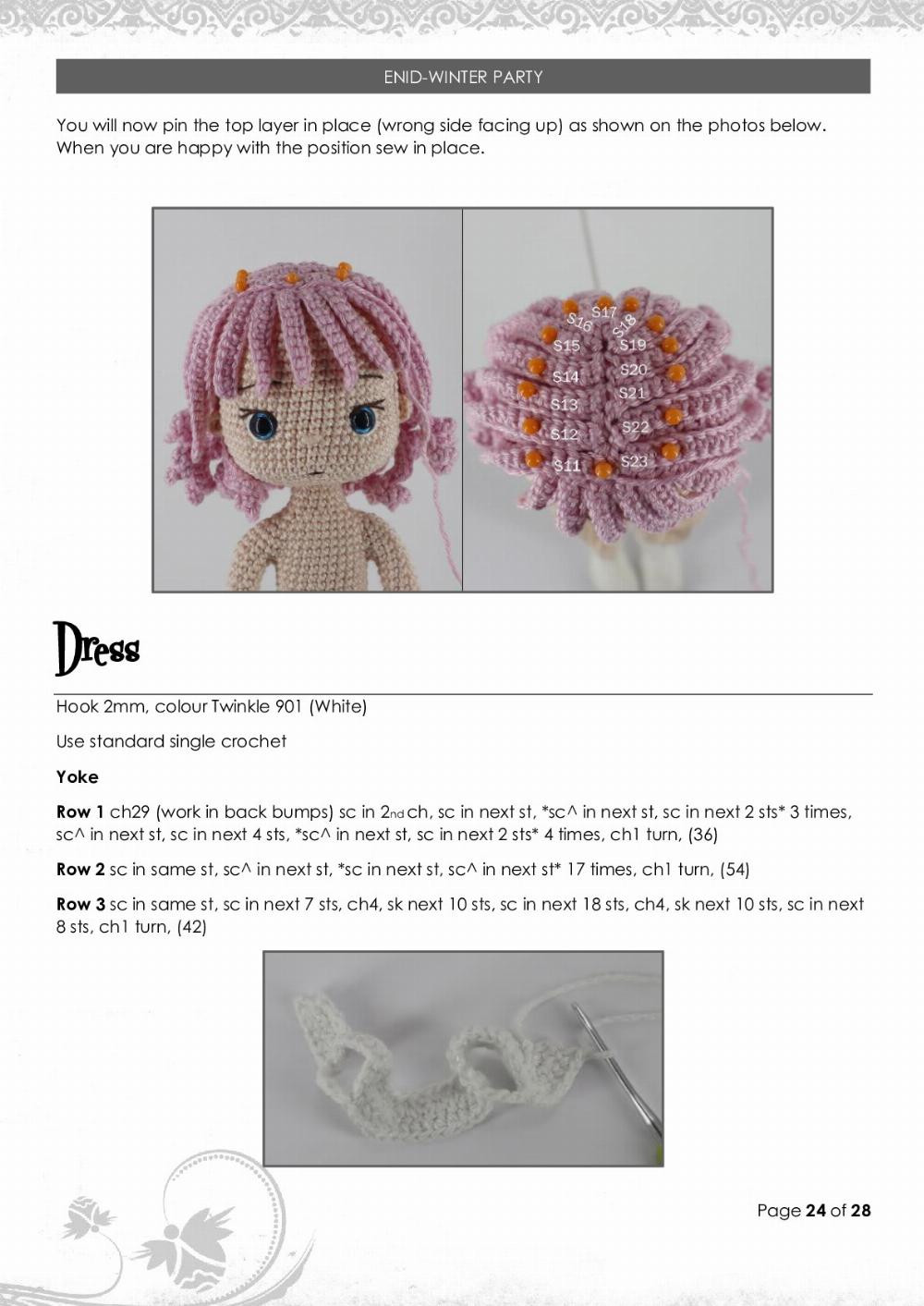 Crochet pattern for winter buds with pink hair and white dress