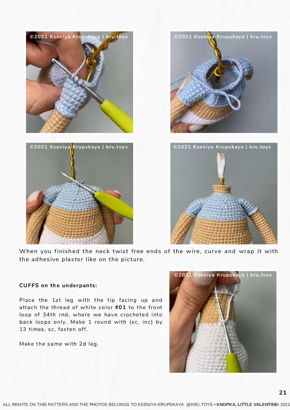 crochet pattern KNOPKA, THE little vALENTINE, Crochet pattern for a little girl doll wearing a blue dress holding a heart-shaped balloon