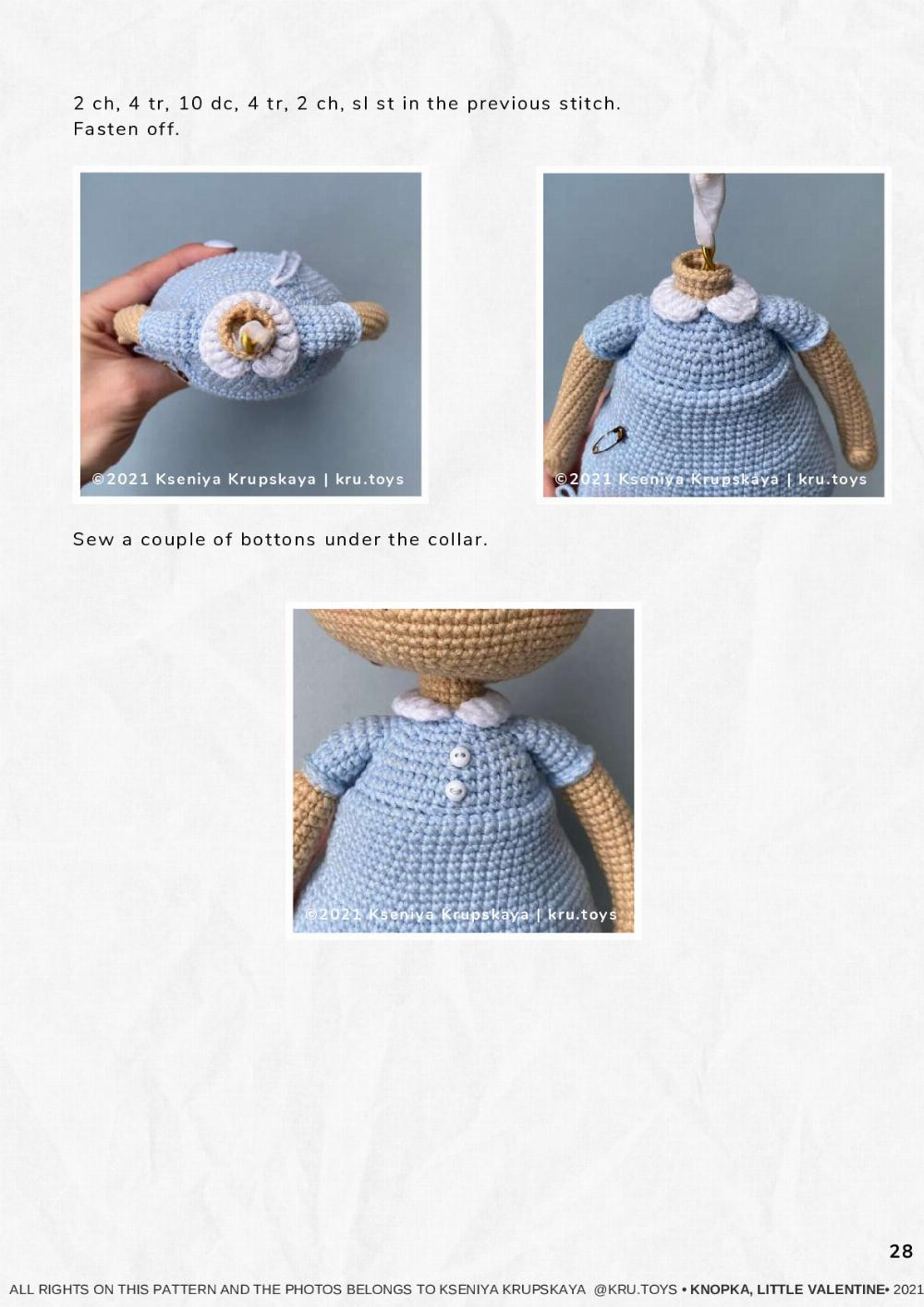crochet pattern KNOPKA, THE little vALENTINE, Crochet pattern for a little girl doll wearing a blue dress holding a heart-shaped balloon